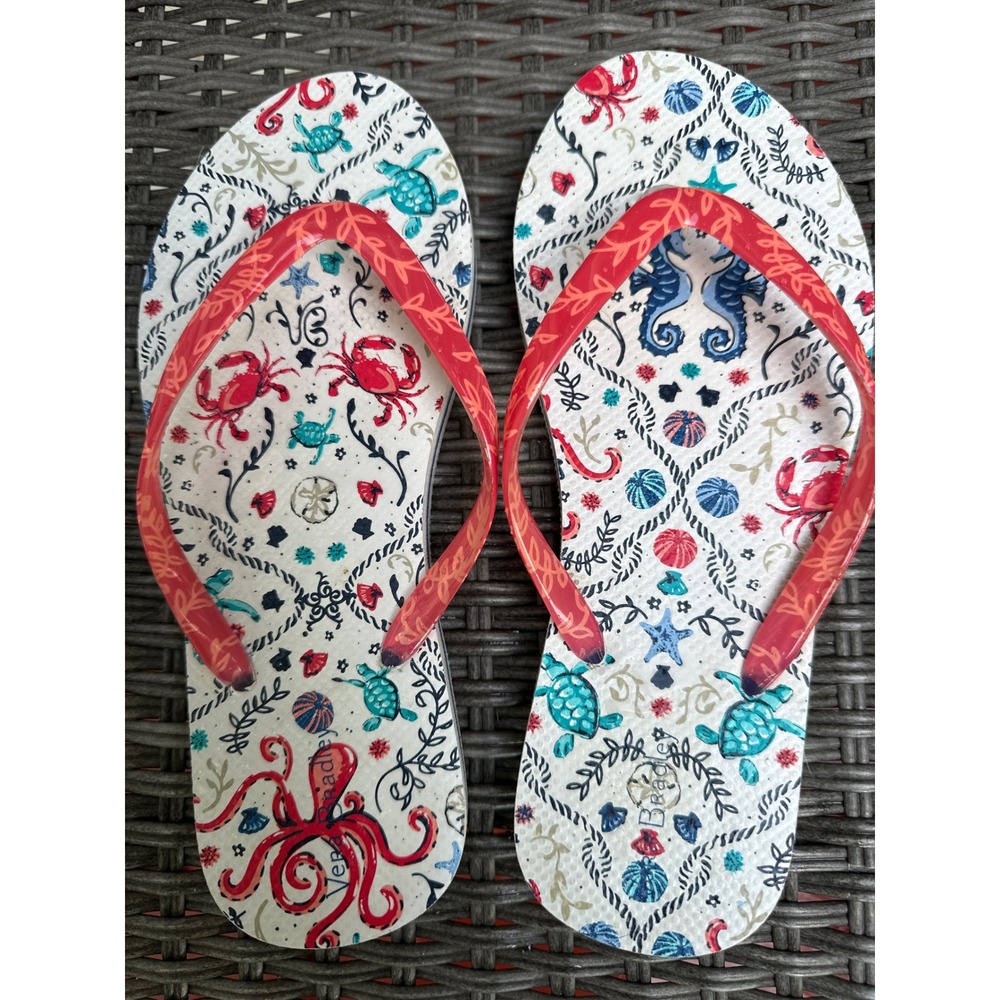Vera Bradley Nautical Sea Life Flip Flops Red White Octopus Turtle Sandals 10in